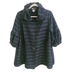 Damee Inc. Black & Blue Striped Puffy Sleeve 2 Pocket Button Up Jacket sz S